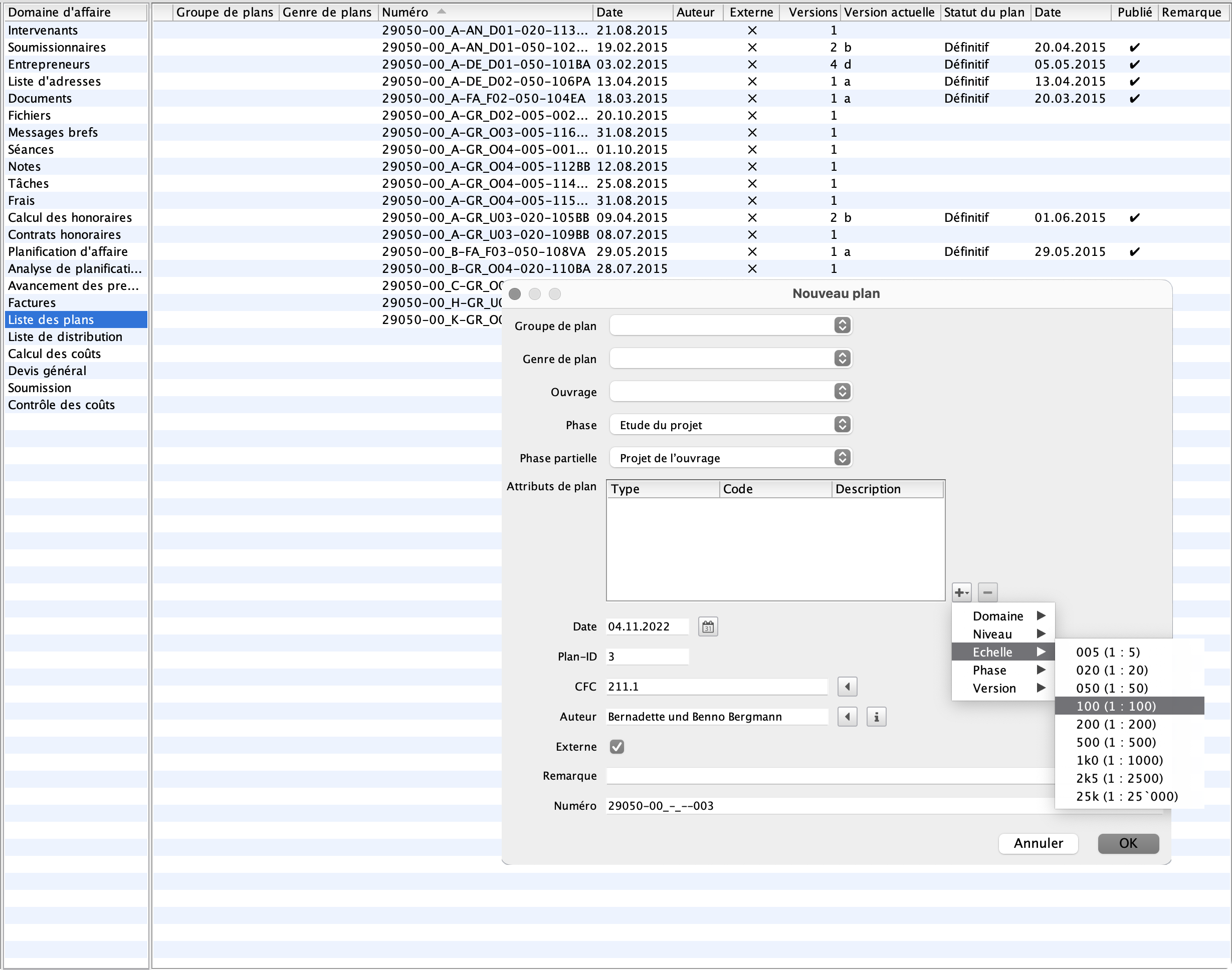 Liste des plans