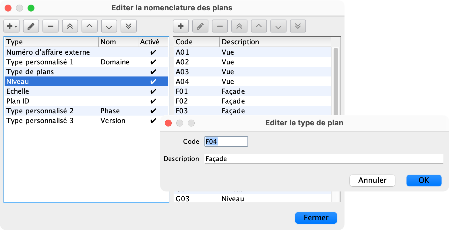 Listes des attributs du plan