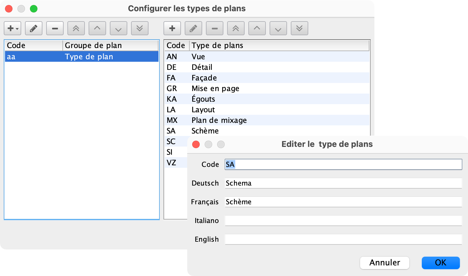 Définition de la liste de valeurs pour le type de plan