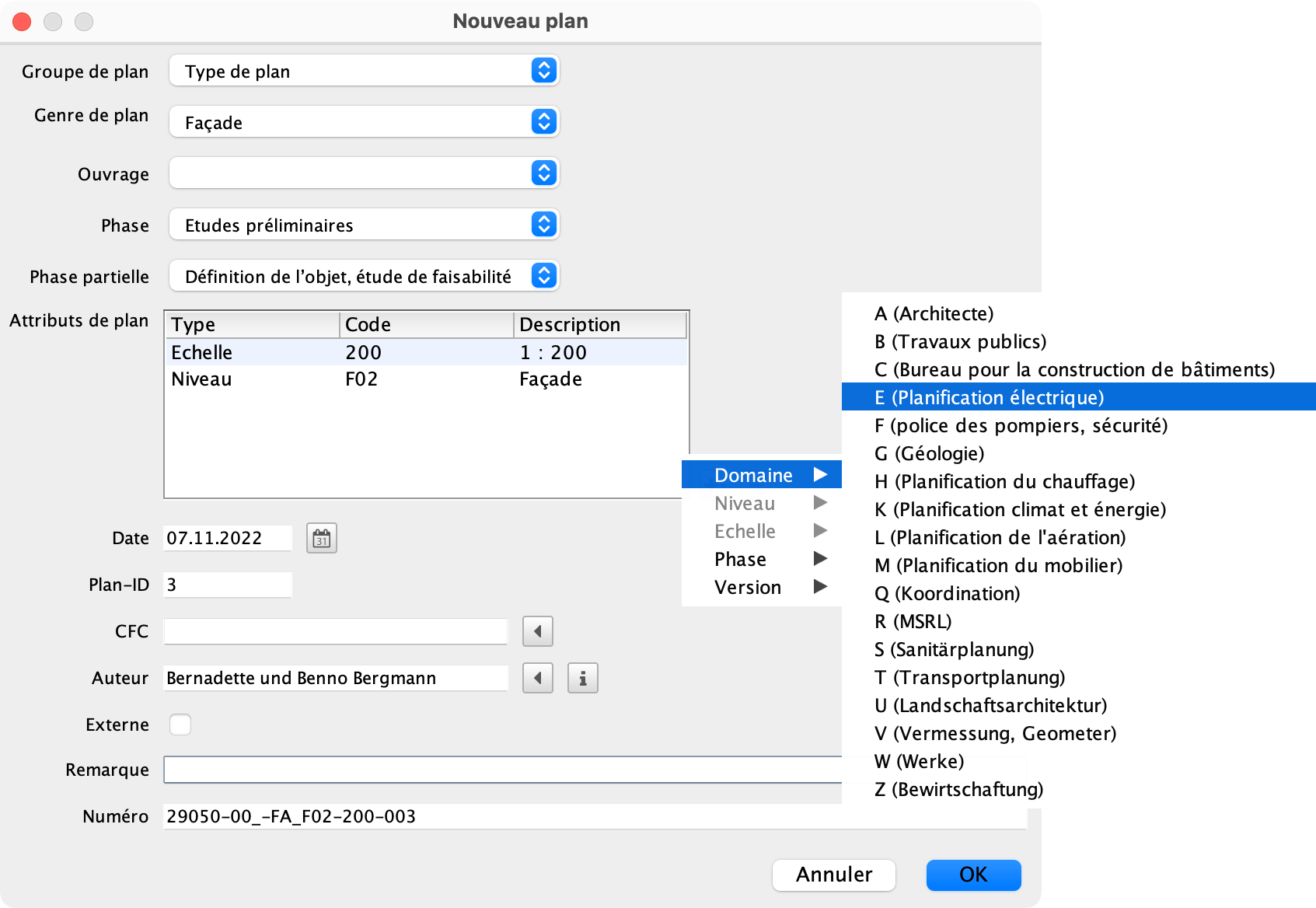 Assistant pour la création du numéro de plan
