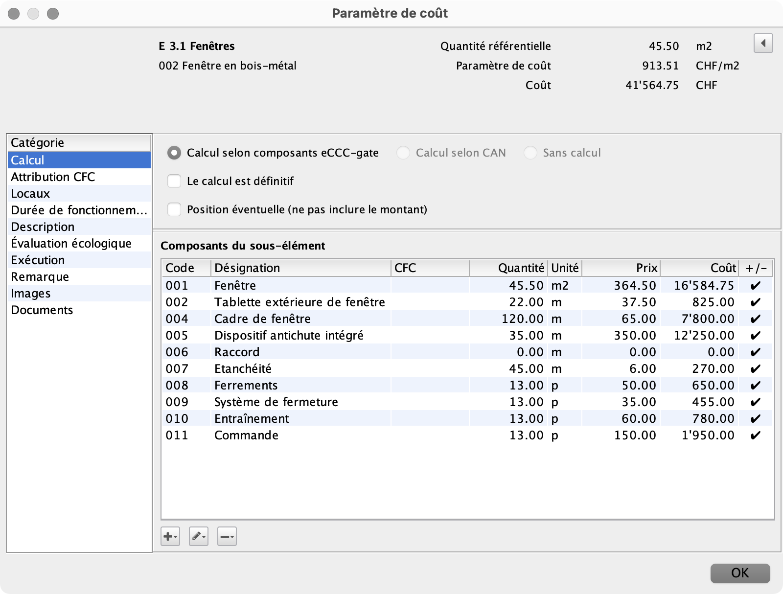 Calculer le coût d'un sous-élément avec des composants de l'eCCC-Bât