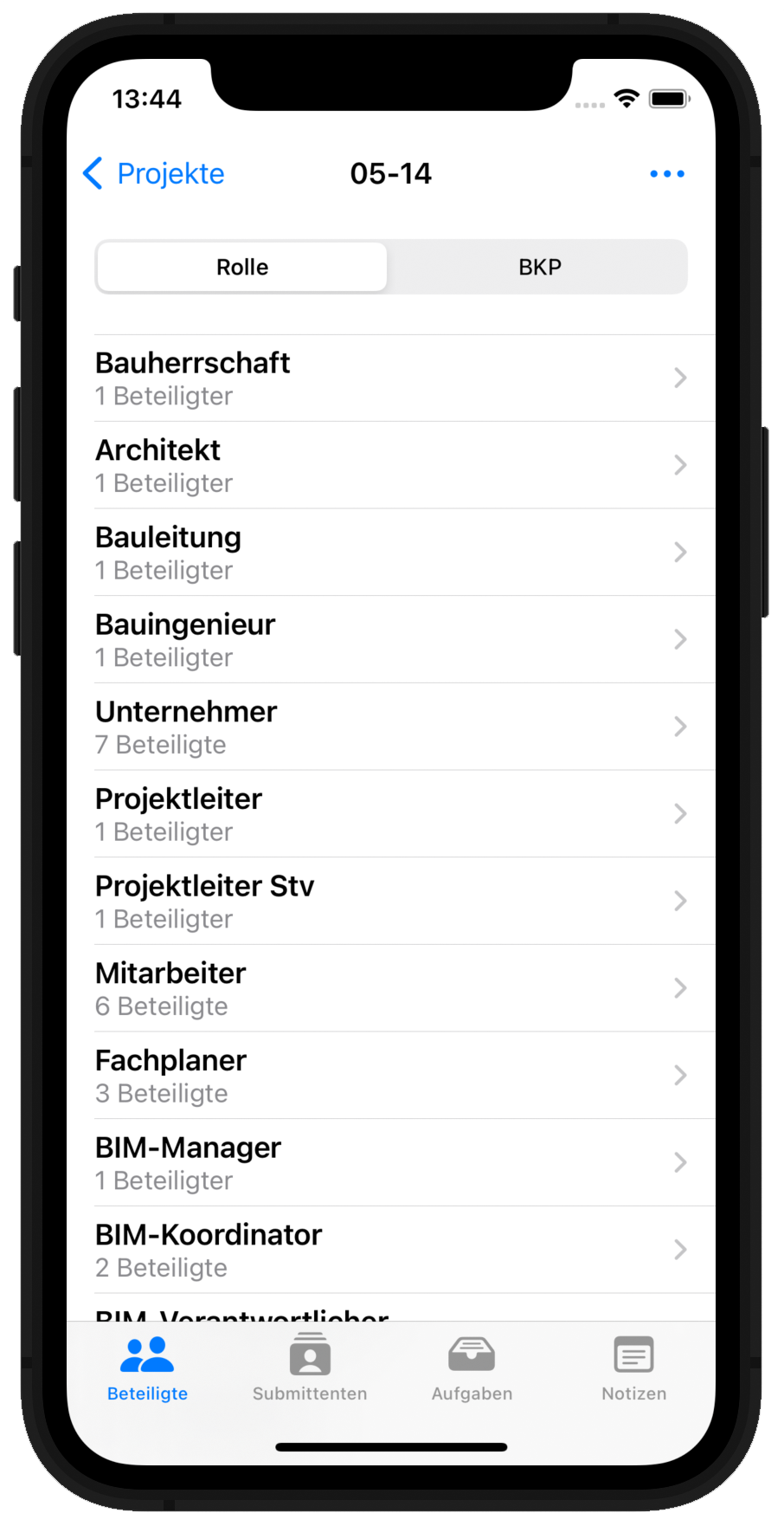 DELTAproject App - Beteiligte nach Rolle und BKP