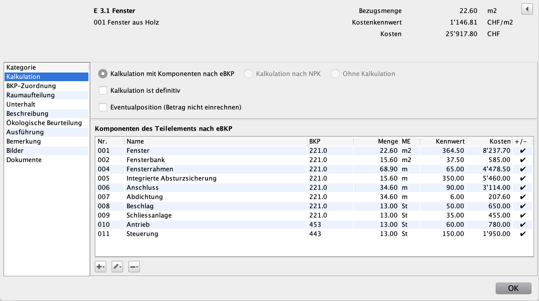 Das Teilelement 'E 3.1.001 Fenster aus Holz' mit Komponenten aus eBKP-Gate kalkulieren.